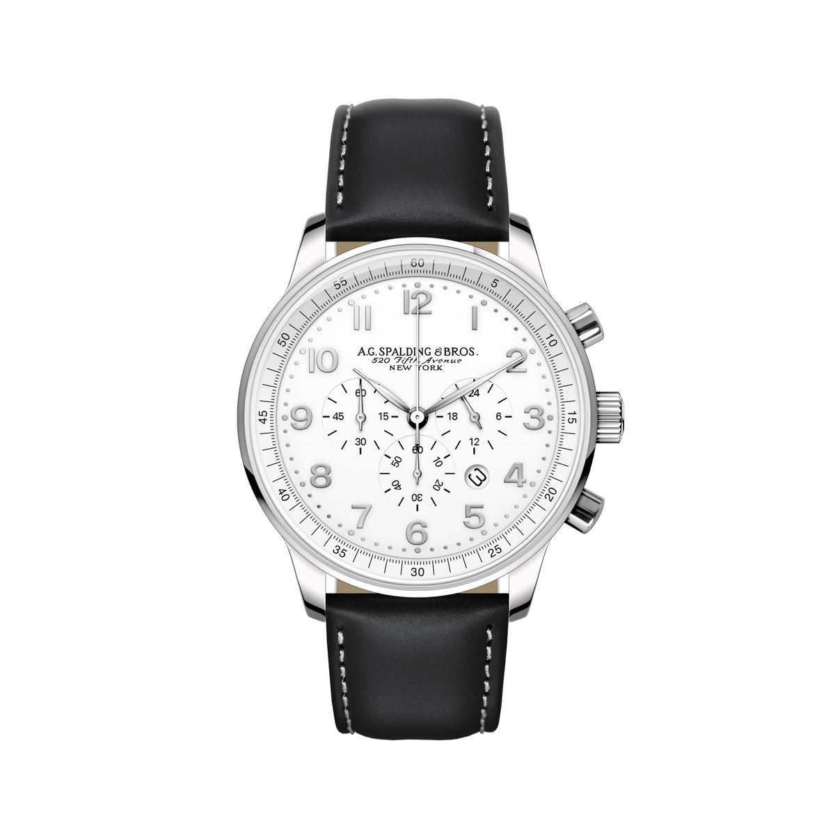 A.G. Spalding & Bros. Heritage Pulse 1857, 43 mm steel chronograph with white dial and black leather strap