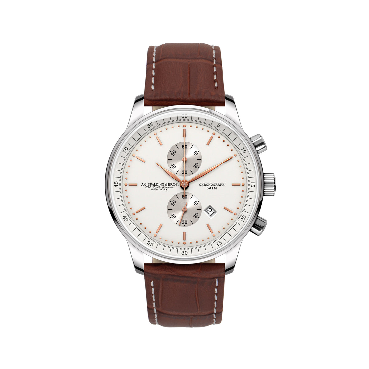 Cronografo A.G. Spalding & Bros. 43 mm in acciaio con quadrante bianco guilloché e cinturino in pelle stampa cocco
