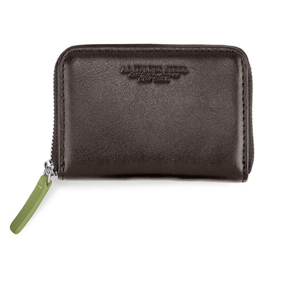 Card Holder-Documenti Zipped Leather /  Dark Brown-verde